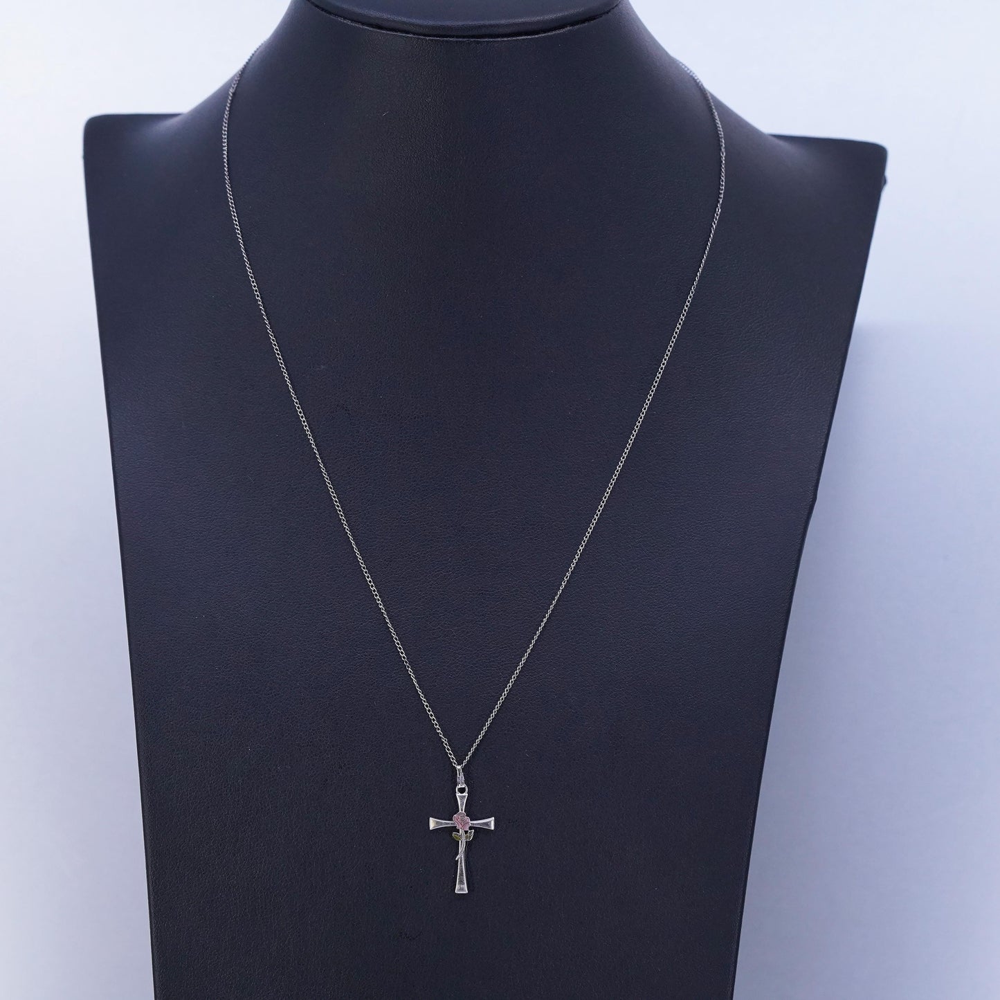 18”, vintage Sterling 925 silver circle necklace with cross pendant rose flower