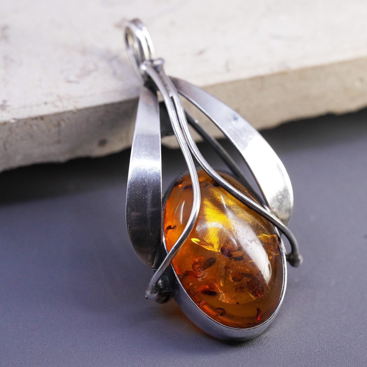 Vintage southwestern sterling silver handmade teardrop pendant 925 amber brooch