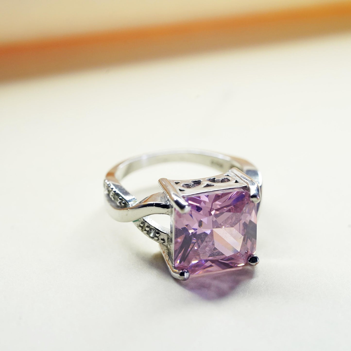 Size 8.25, Vintage Sterling 925 silver ring with square pink Quartz clear cz