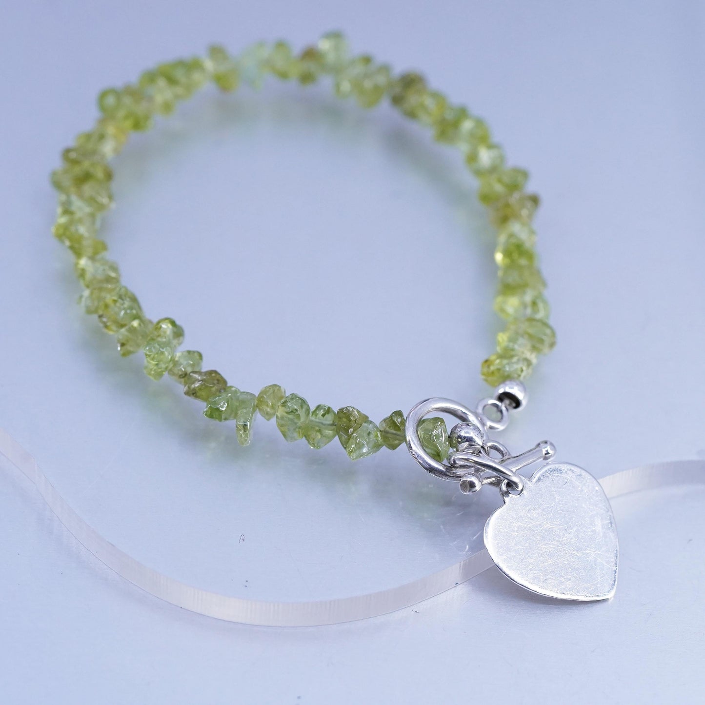 6.75", Sterling 925 Silver peridot Bead Bracelet heart charm toggle closure