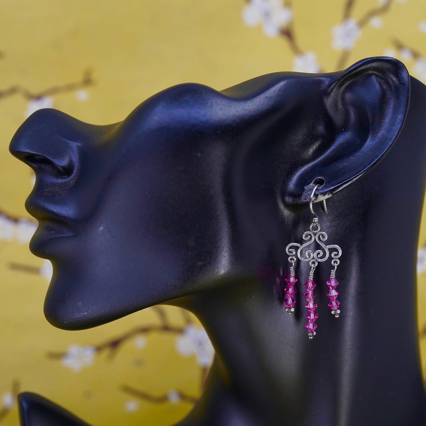 Vintage Sterling silver 925 handmade swirly earrings with pink crystal