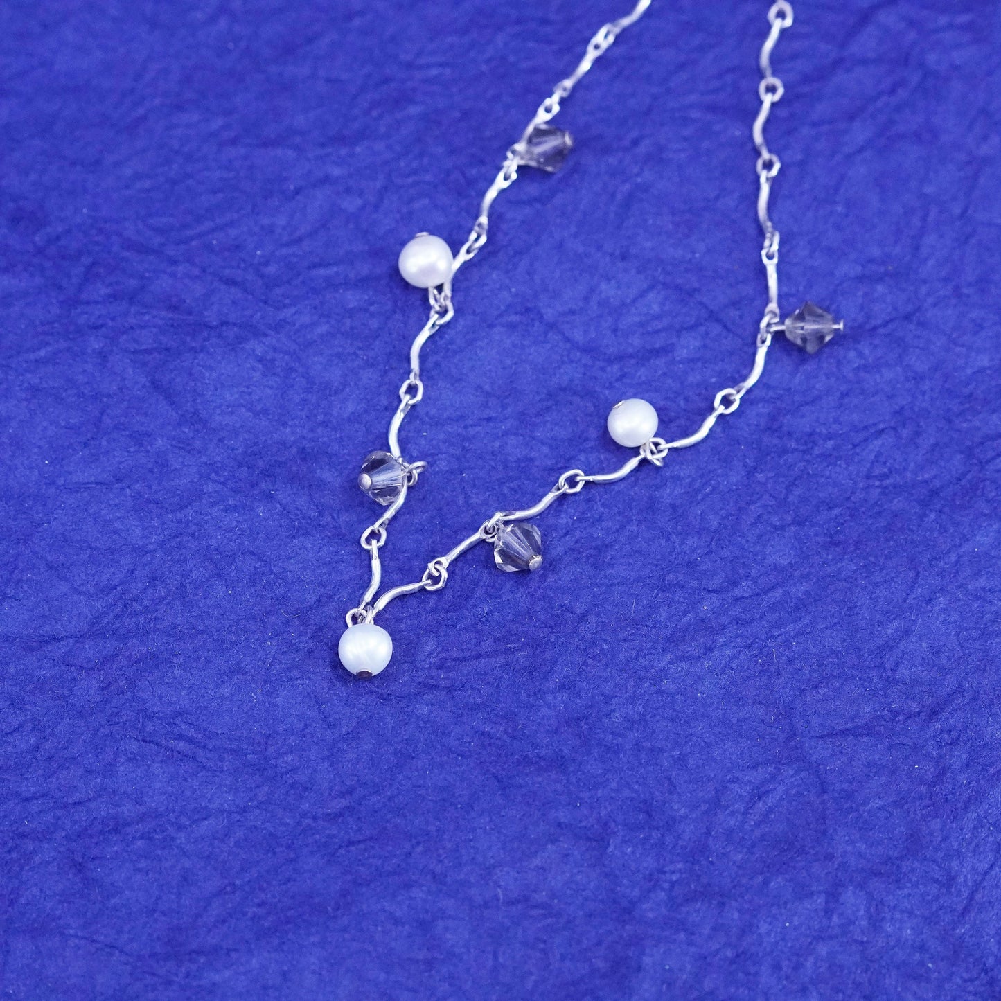 18”, vintage Sterling silver necklace, 925 DNA bone chain w/ pearl and crystal