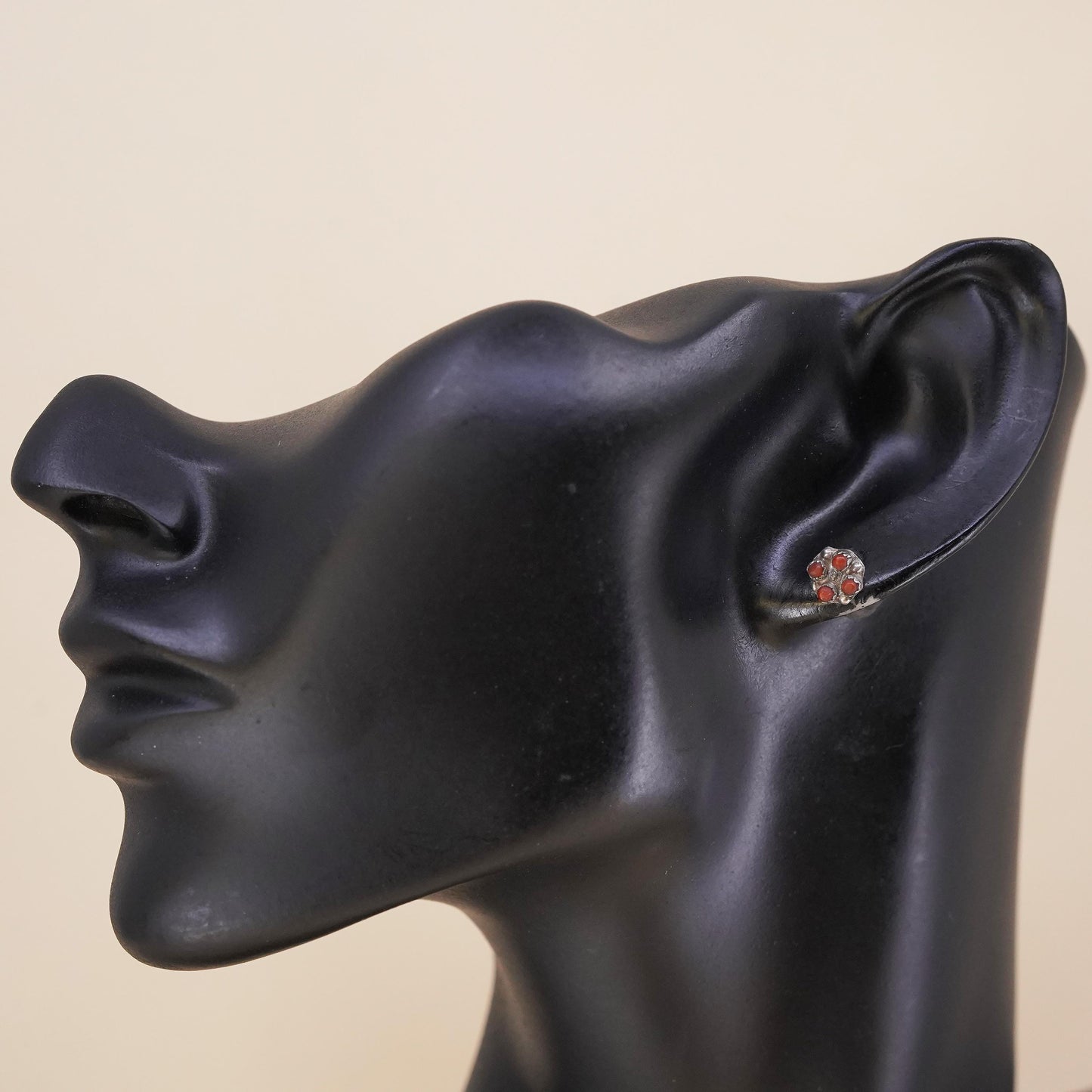 Native American Navajo handmade single earring. Sterling 925 silver stud coral