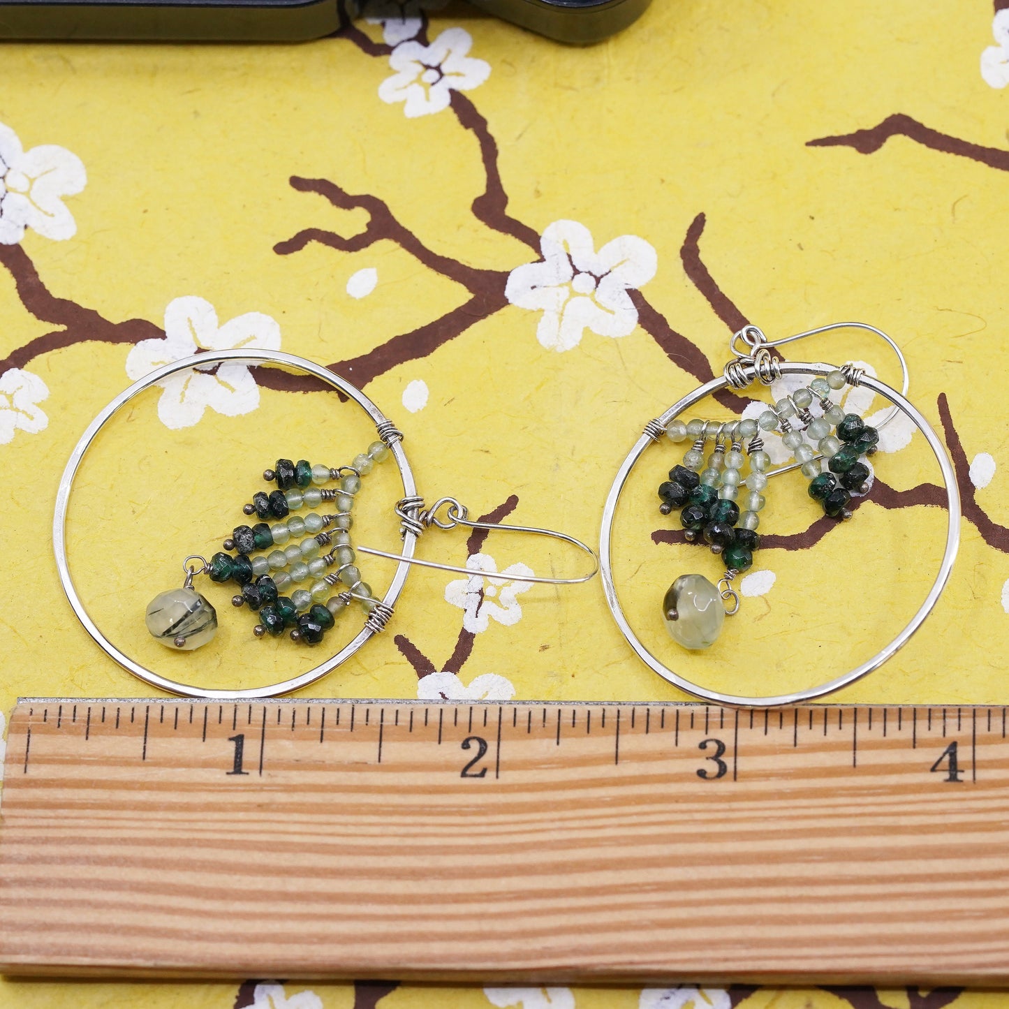 Vintage Sterling silver handmade circle earrings, 925 hoops with jade beads