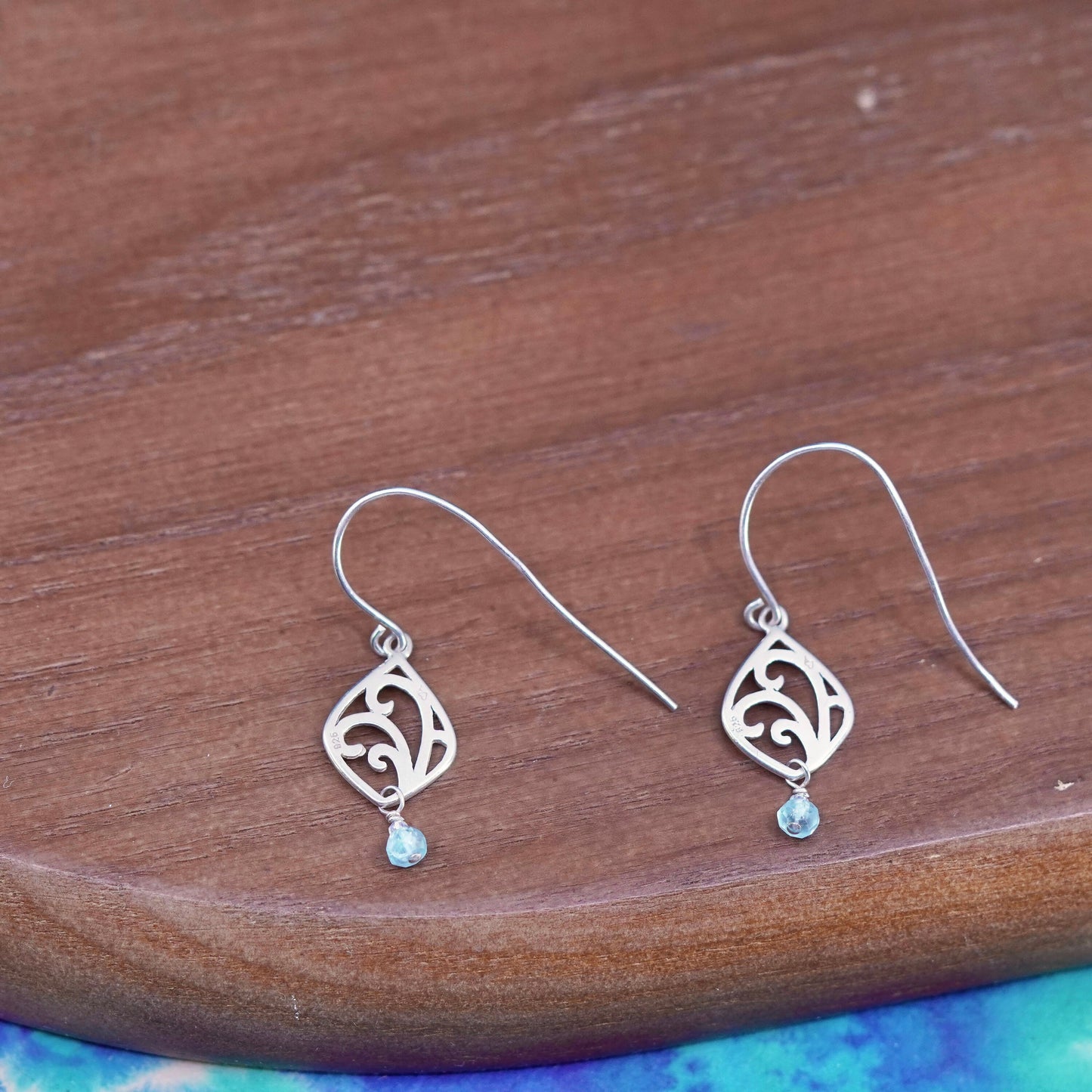 Vintage sterling 925 silver handmade filigree earrings with blue crystal