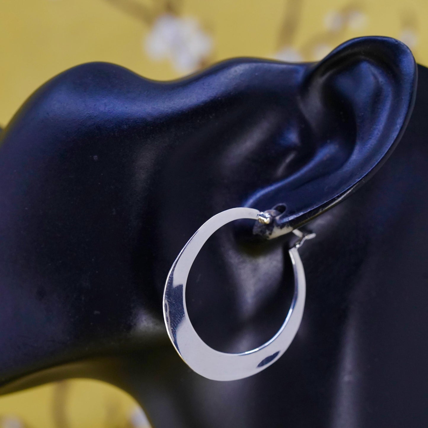 1.5", vintage Sterling silver handmade earrings, flatten wavy 925 silver hoops
