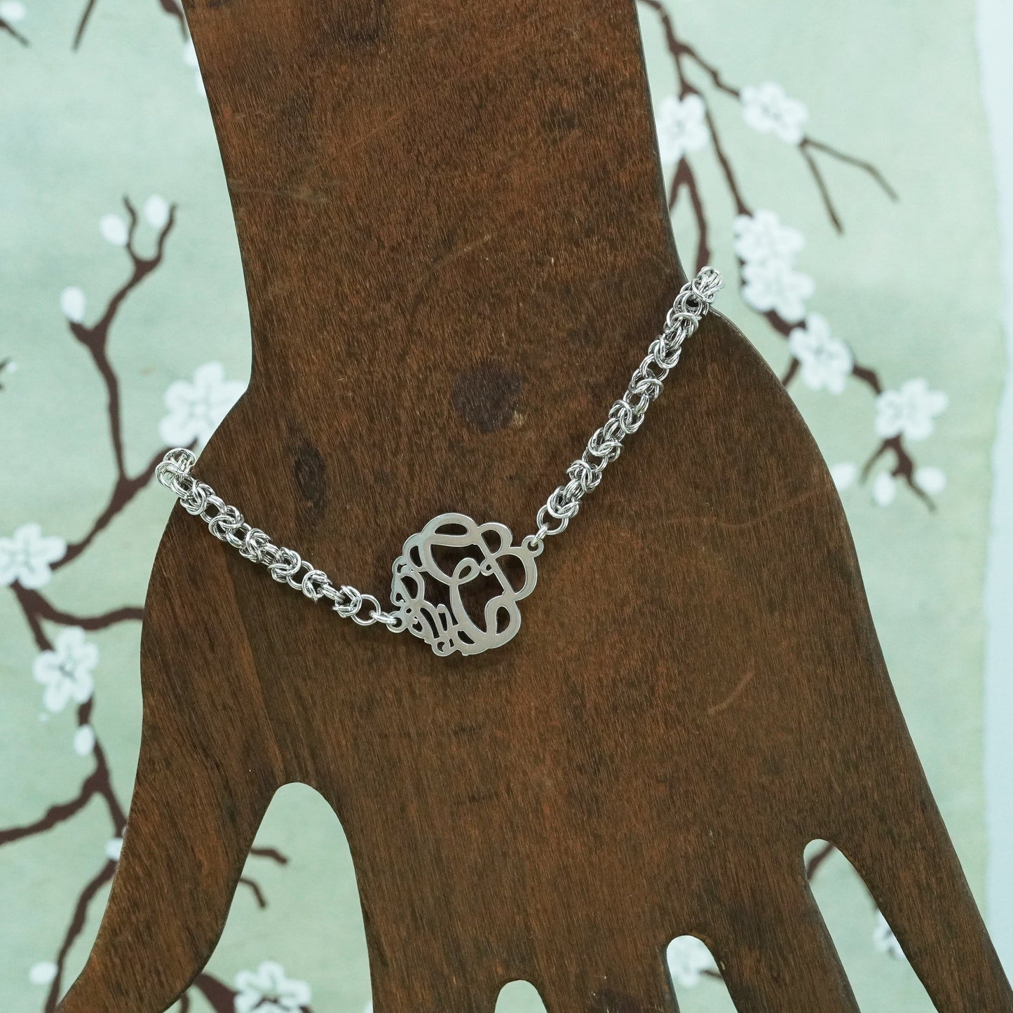 sterling silver birdcage Byzantine chain, 925 bracelet monogram “REB” tag charm