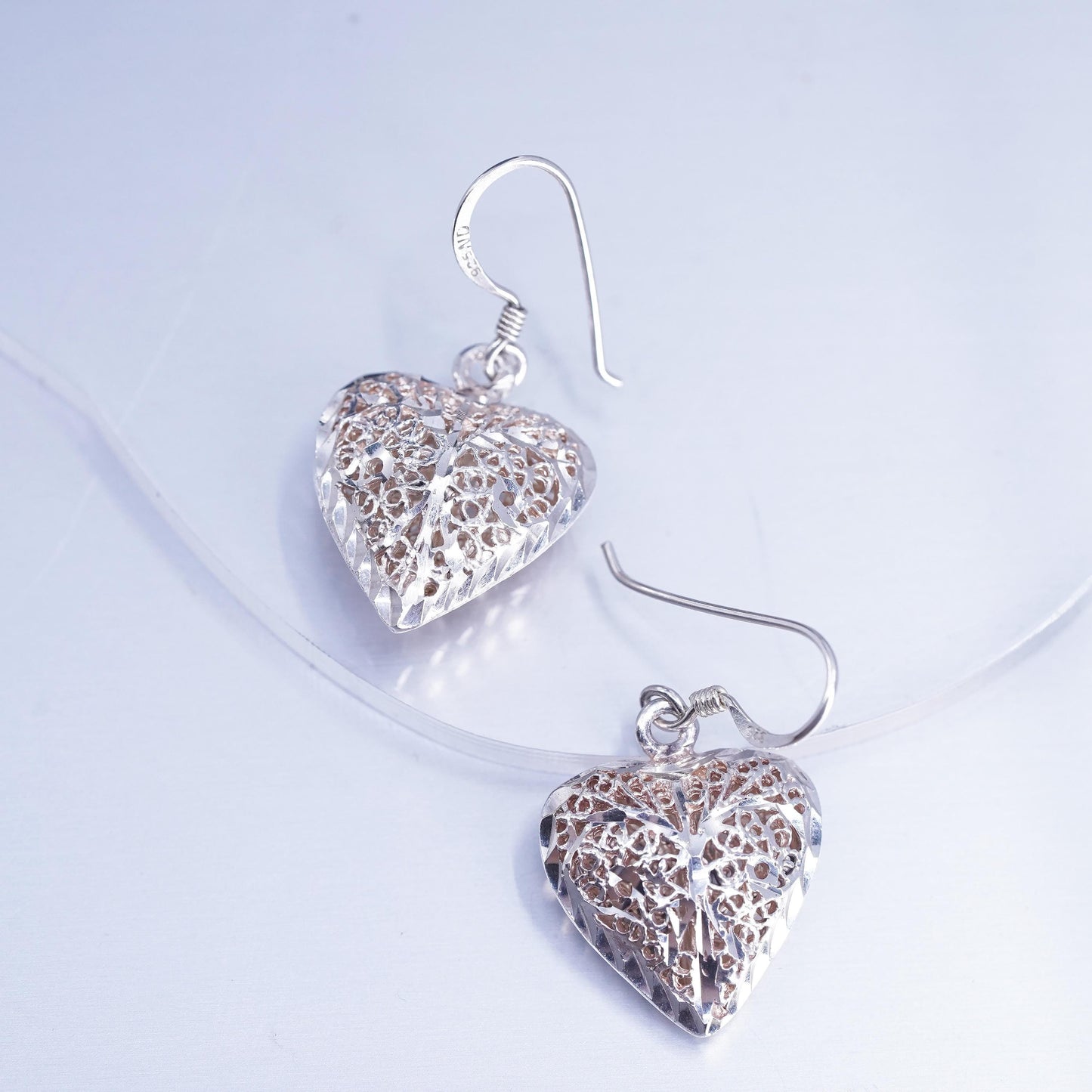 Vintage Sterling 925 silver handmade filigree puffy heart earrings
