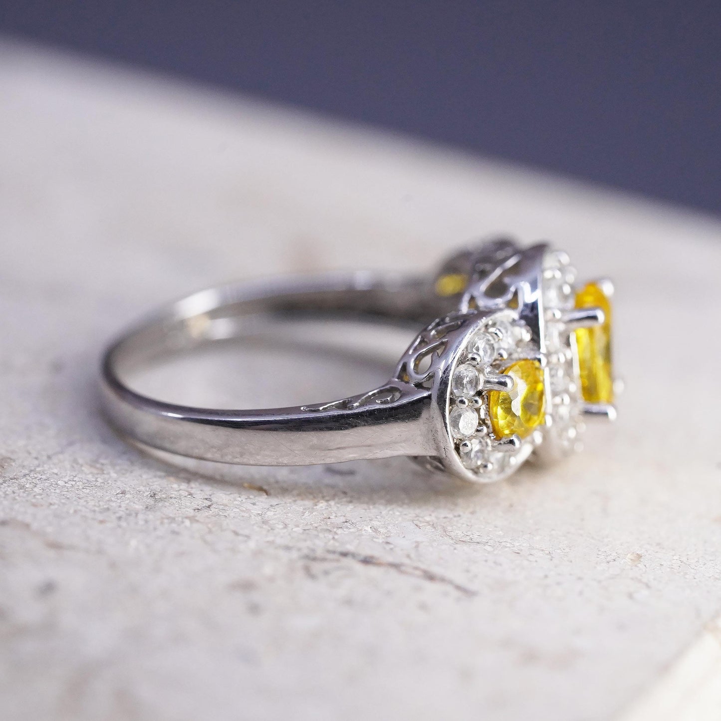 Size 8, VTG Sterling Silver 925 Yellow Citrine Ring, Three Stone Oval Halo Ring