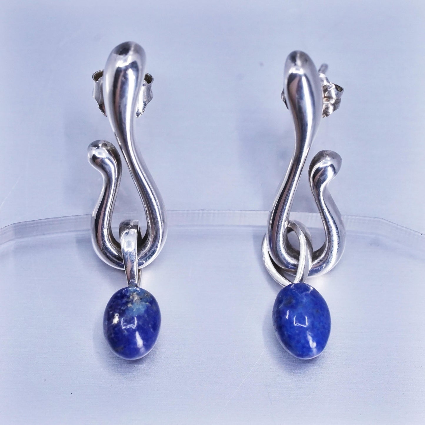 Vintage Angela Commings Sterling 925 silver earrings with oval lapis lazuli