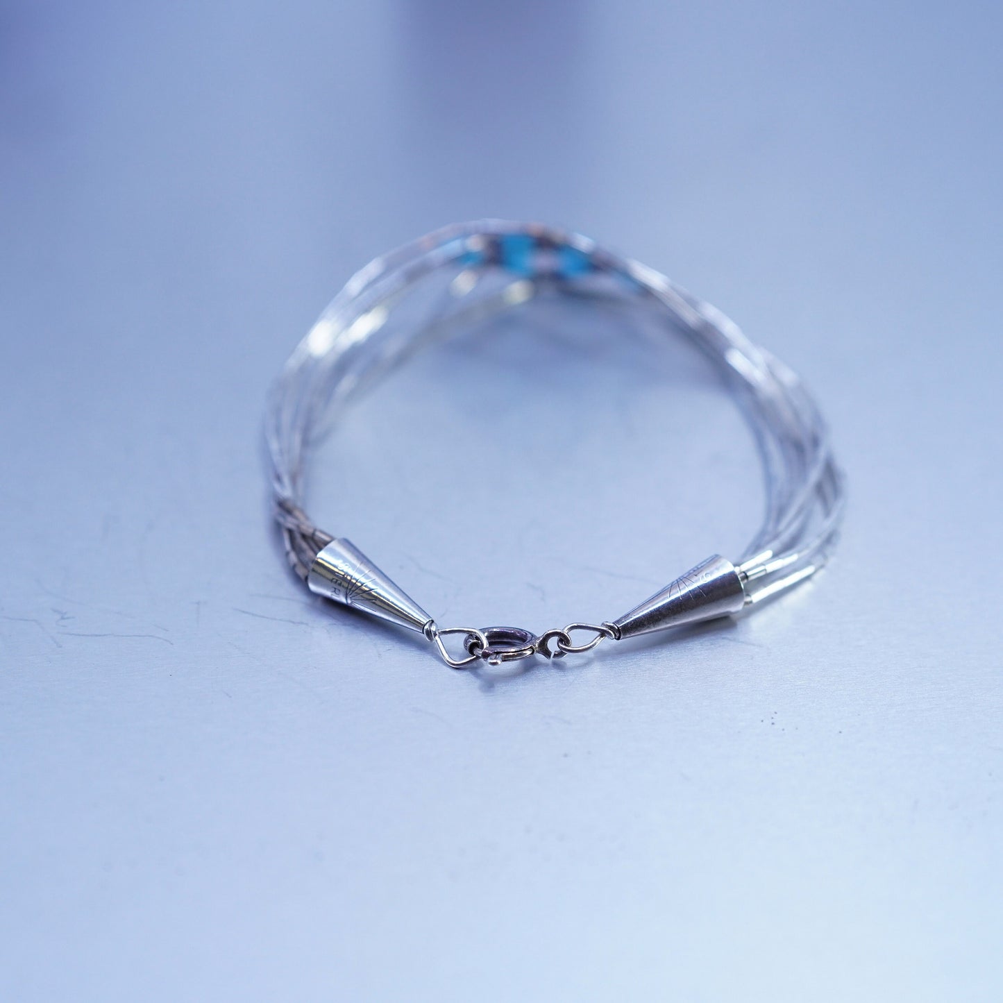 7.25”, Sterling 925 silver handmade bracelet, woven liquid chain with turquoise