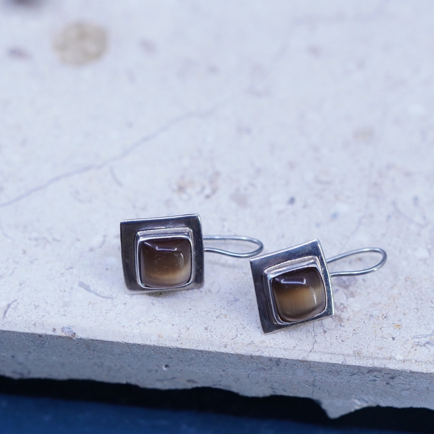 Vintage Sterling 925 silver handmade earrings with brown cat eye