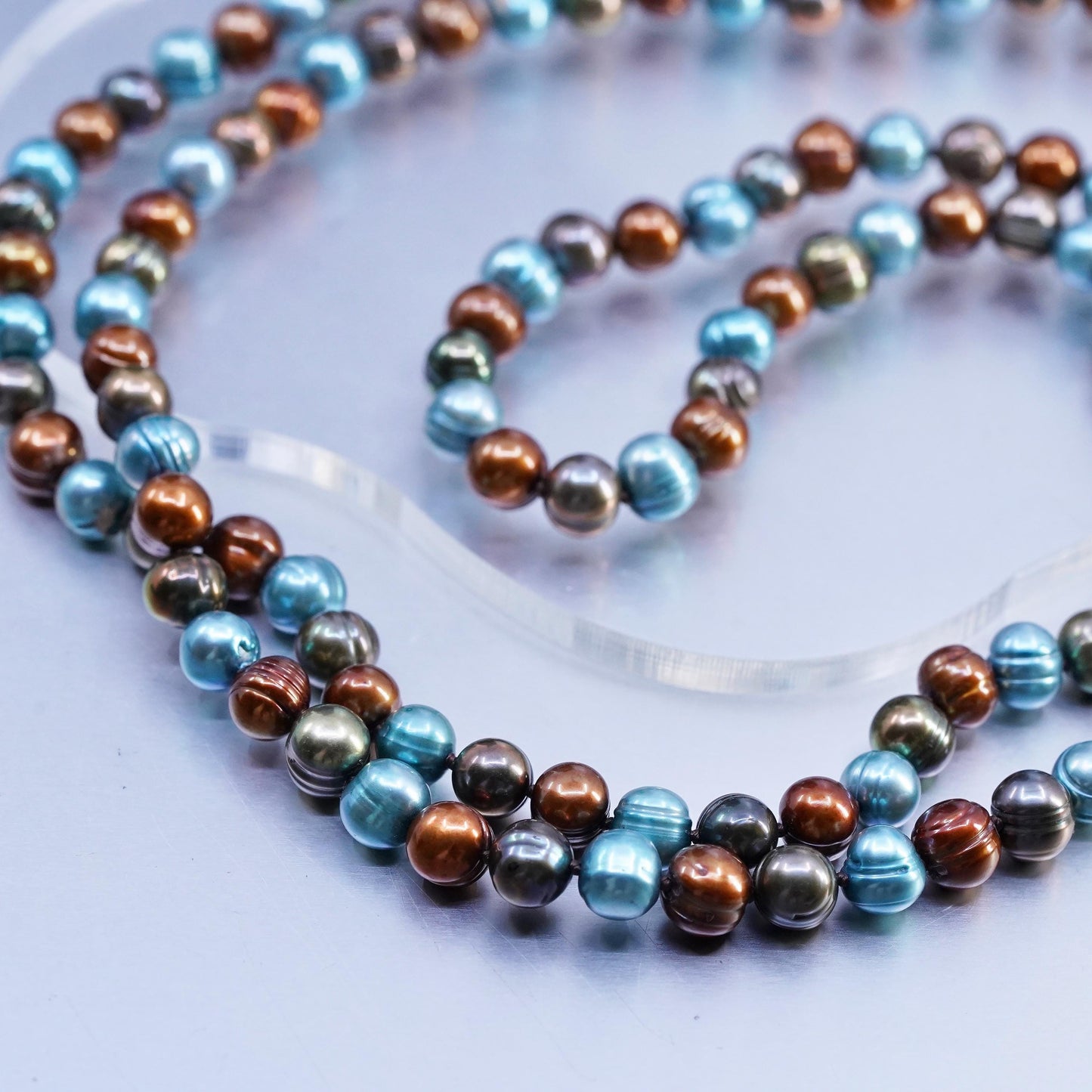 52”, Sterling 925 silver extra long necklace multi color freshwater pearl beads