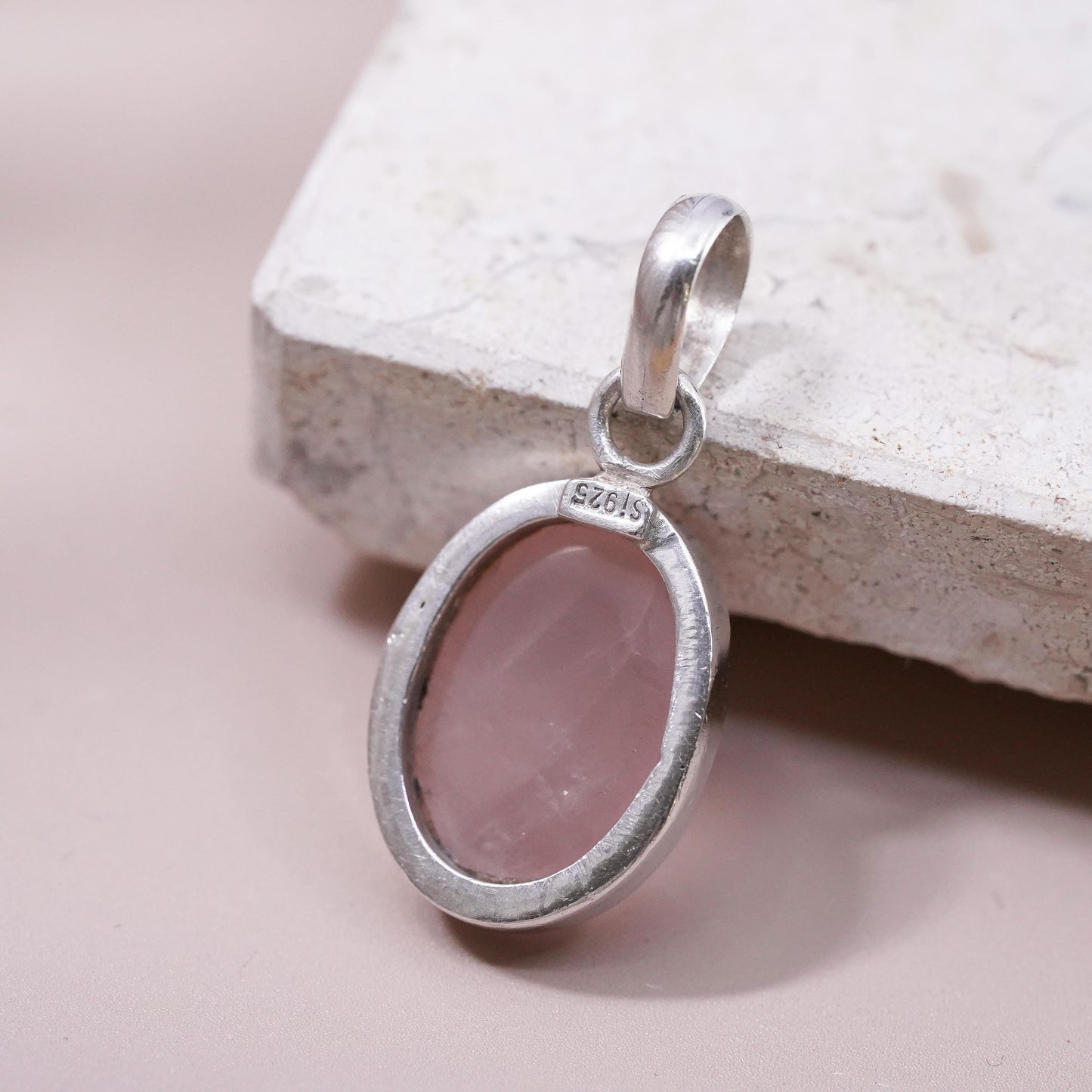 Vintage designer Sajen sterling silver 925 handmade pendant rose pink Quartz