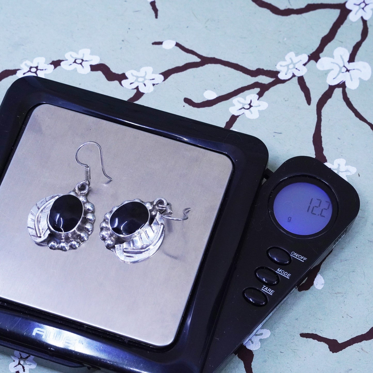 Vintage sterling 925 silver handmade earrings with onyx and beads