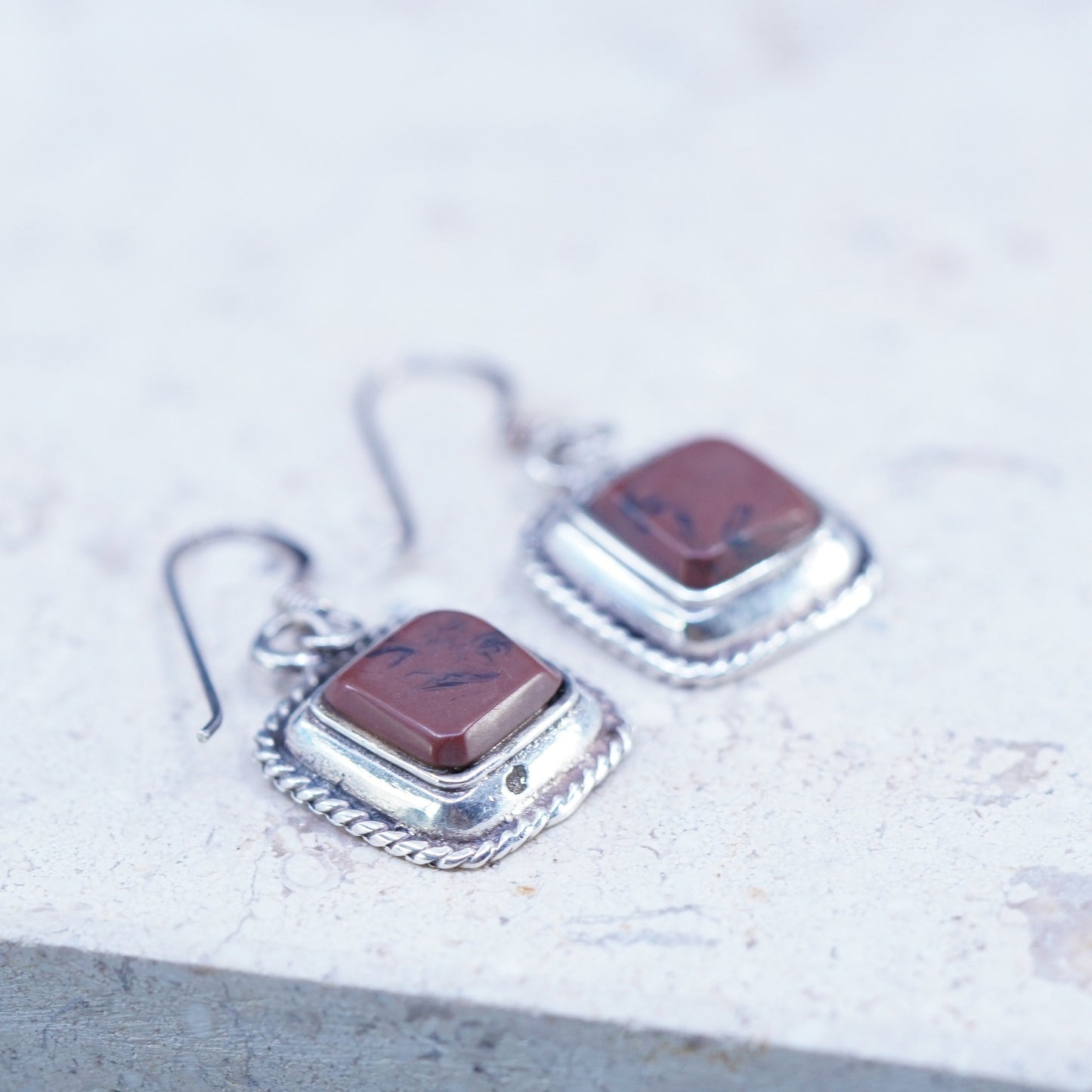 Vintage Sterling silver handmade earrings, 925 square with red jasper and cable