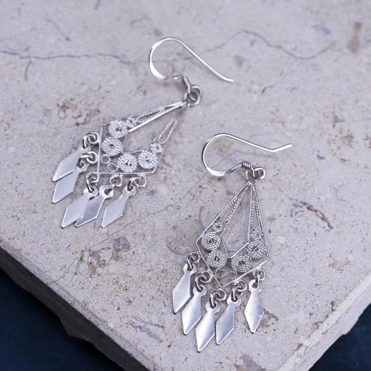 Vintage sterling silver handmade earrings, 925 filigree teardrop dangles
