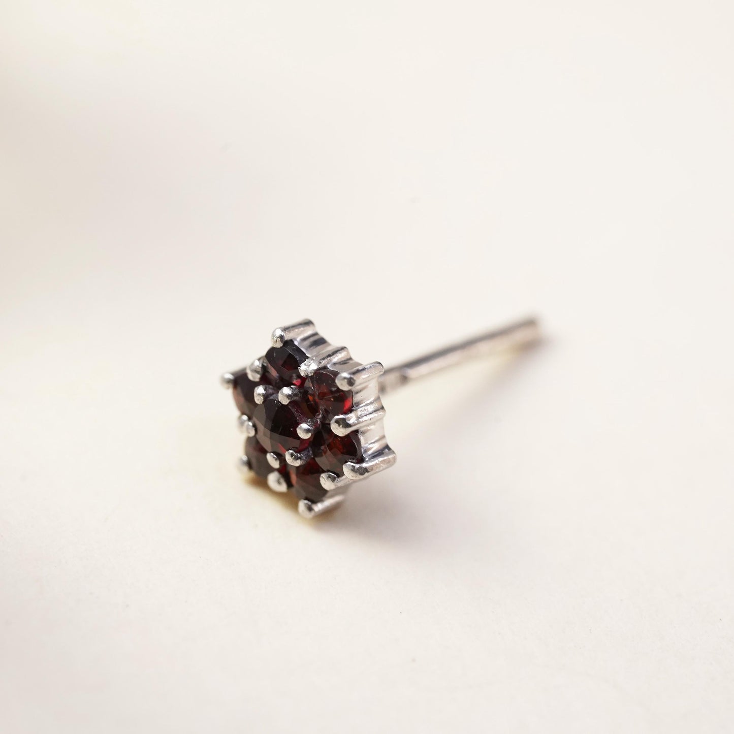 Vintage handmade single earring. Sterling 925 silver stud with Ruby