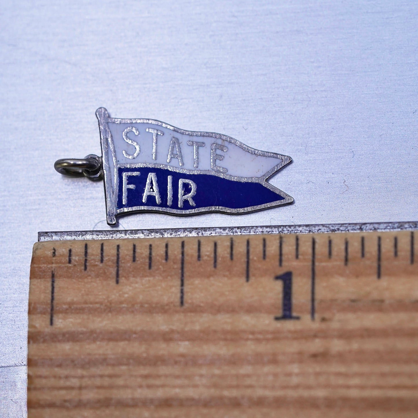 Vintage sterling handmade traveler pendant, 925 enamel state fair tag