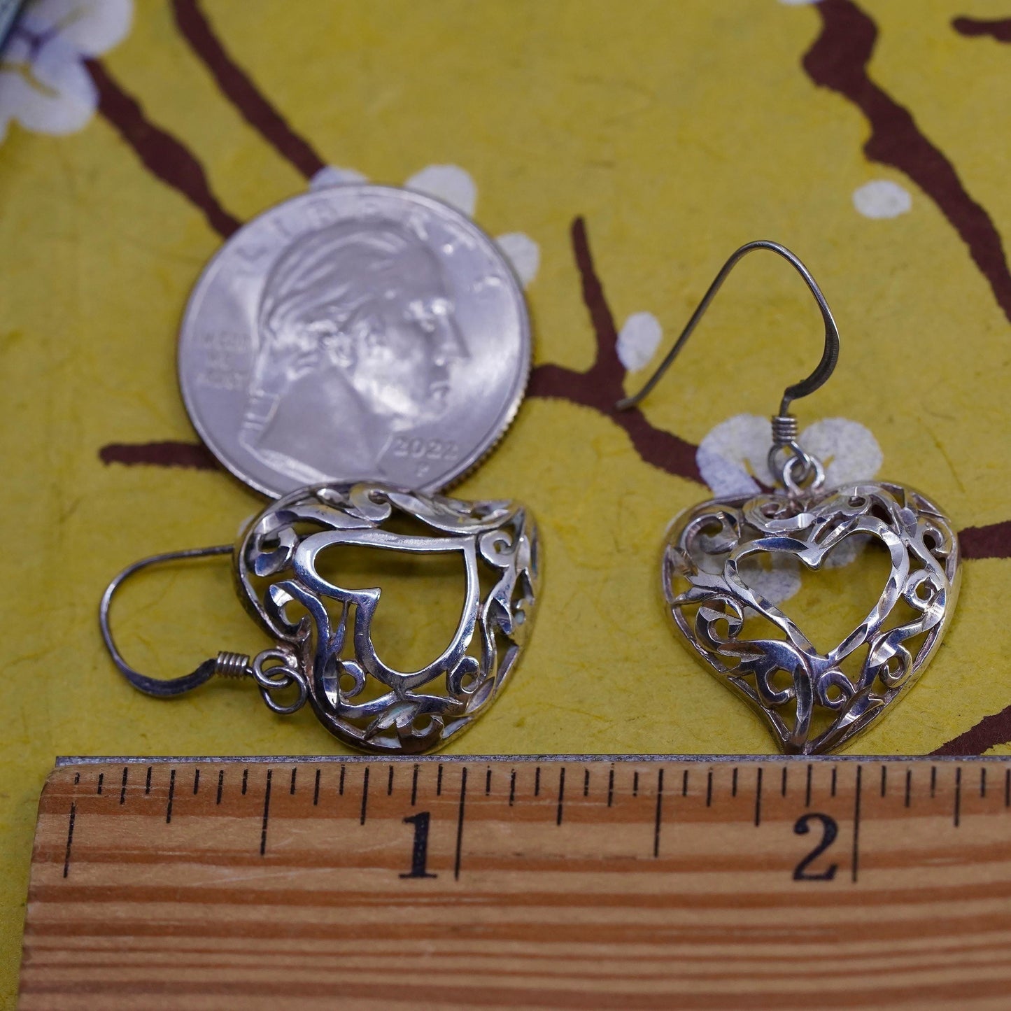 Vintage Sterling silver handmade earrings, 925 filigree heart drops