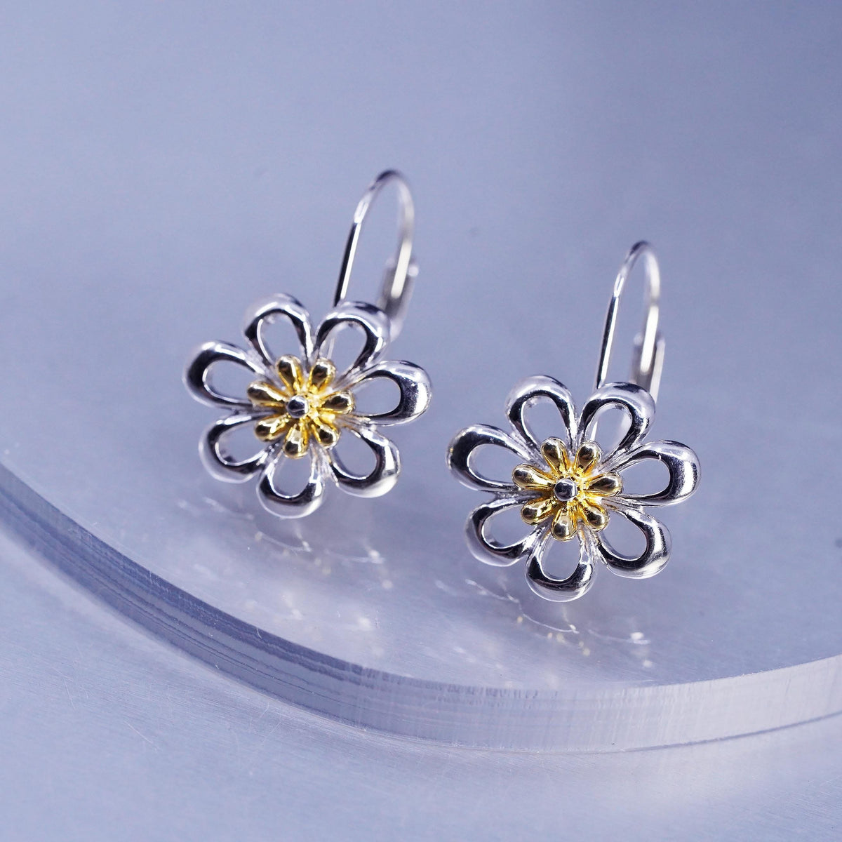 Vintage two tone Sterling 925 silver handmade flower earrings and lever back