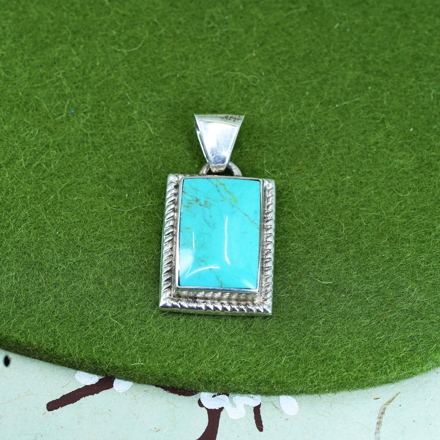 vintage mexico Sterling silver handmade pendant, 925 rectangular with turquoise