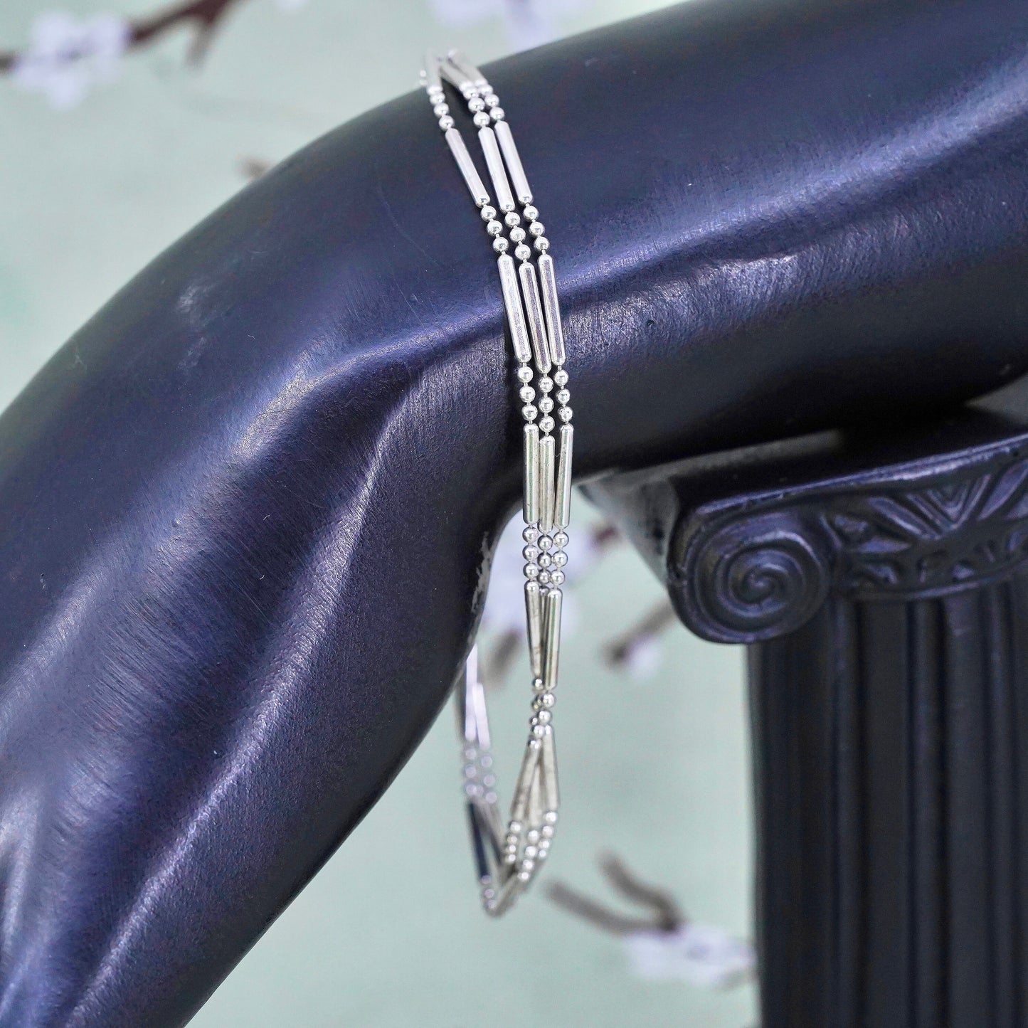 8”, Vintage sterling silver multi strands bracelet, 925 beads with bar chain