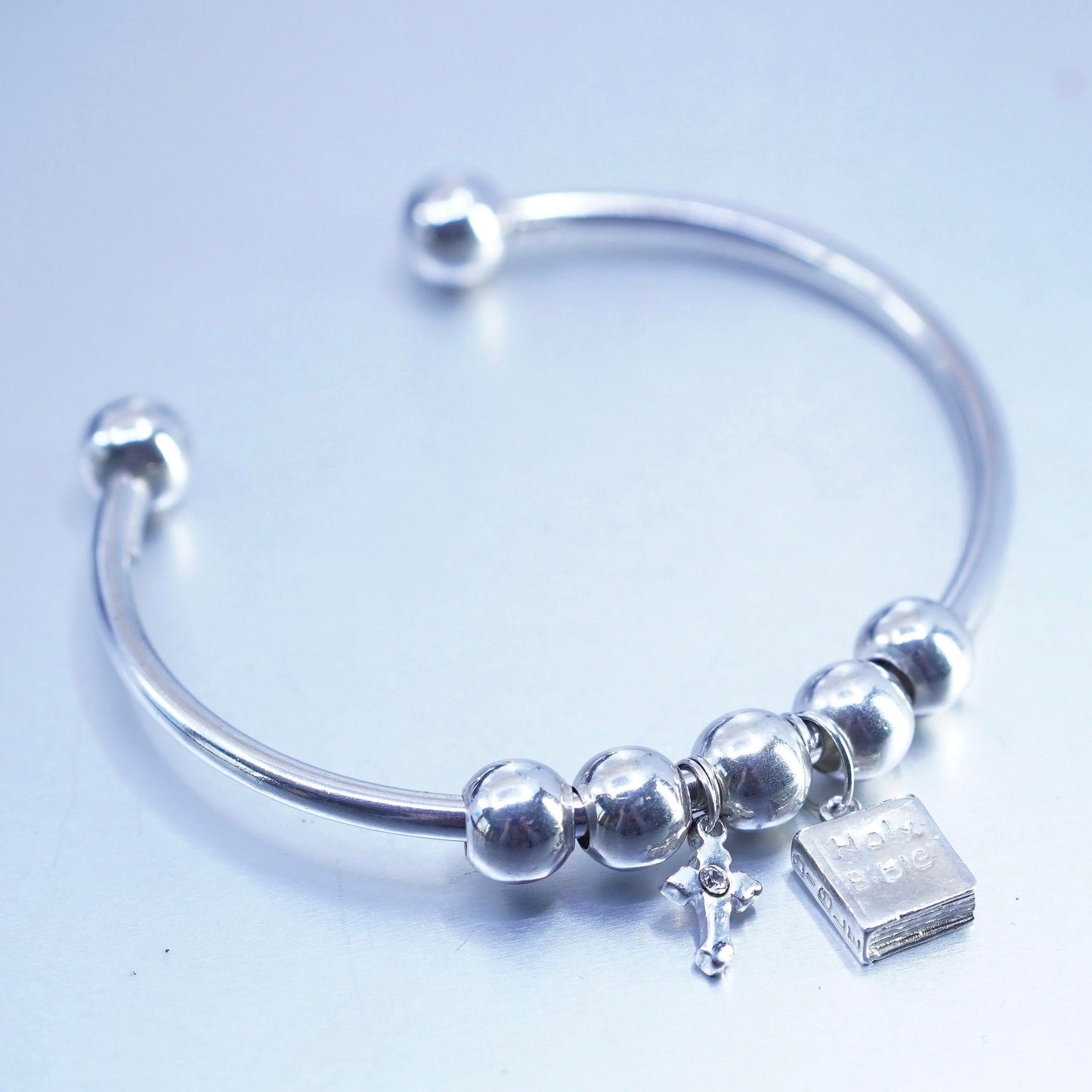 6.75”, Sterling 925 silver charm cuff bracelet with end, bible book and cross