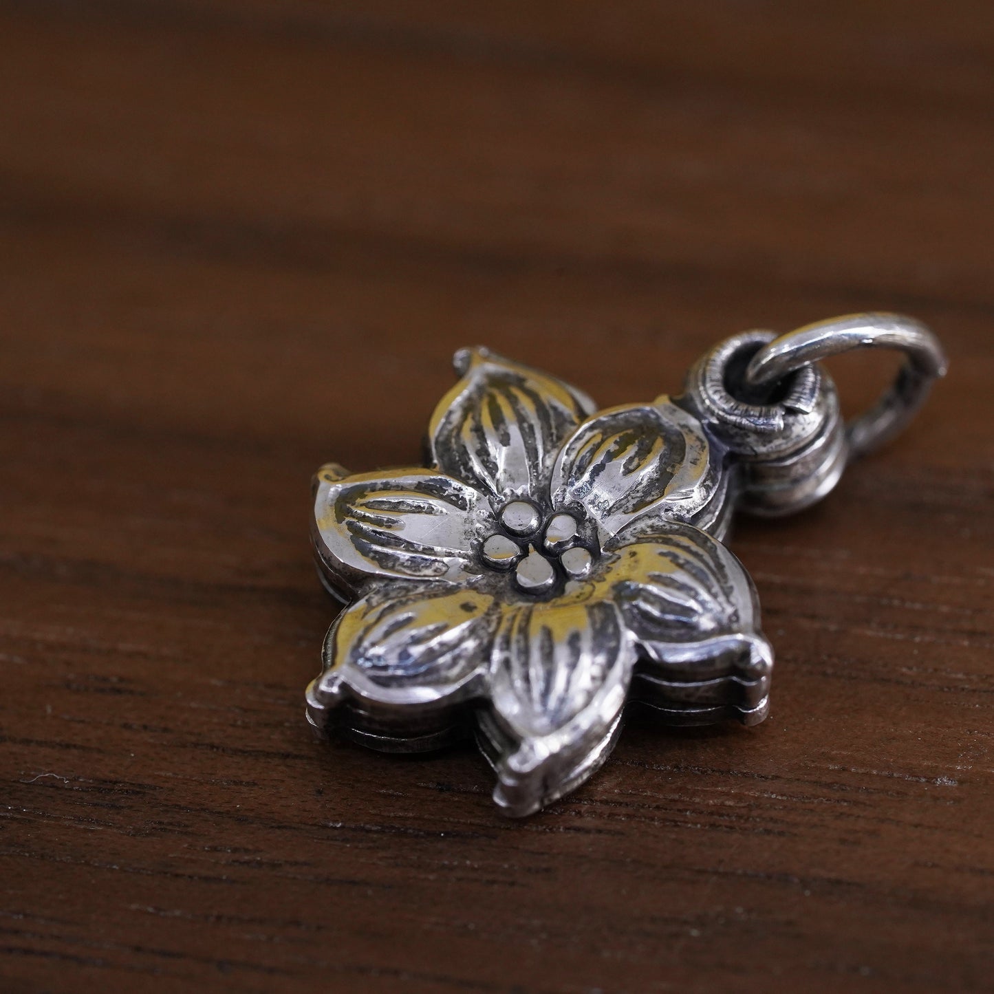 Vintage Sterling silver pendant, 925 flower charm with Jesus and Virgin Mary