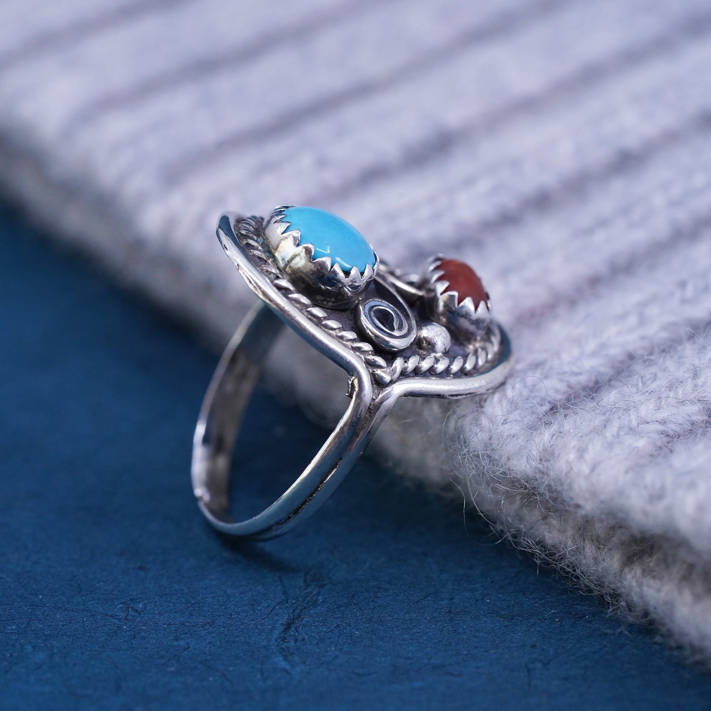 Size 6, Navajo DM Sterling 925 silver ring, Native American, turquoise coral
