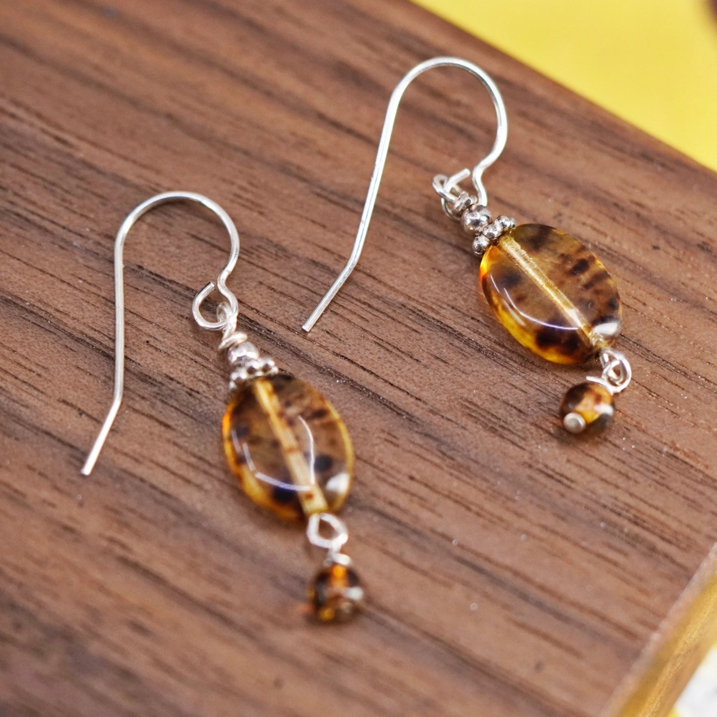 Vintage Sterling 925 silver handmade earrings with oval Amber