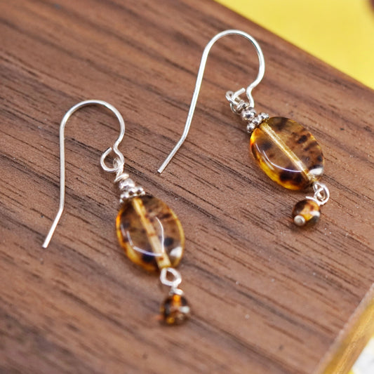 Vintage Sterling 925 silver handmade earrings with oval Amber