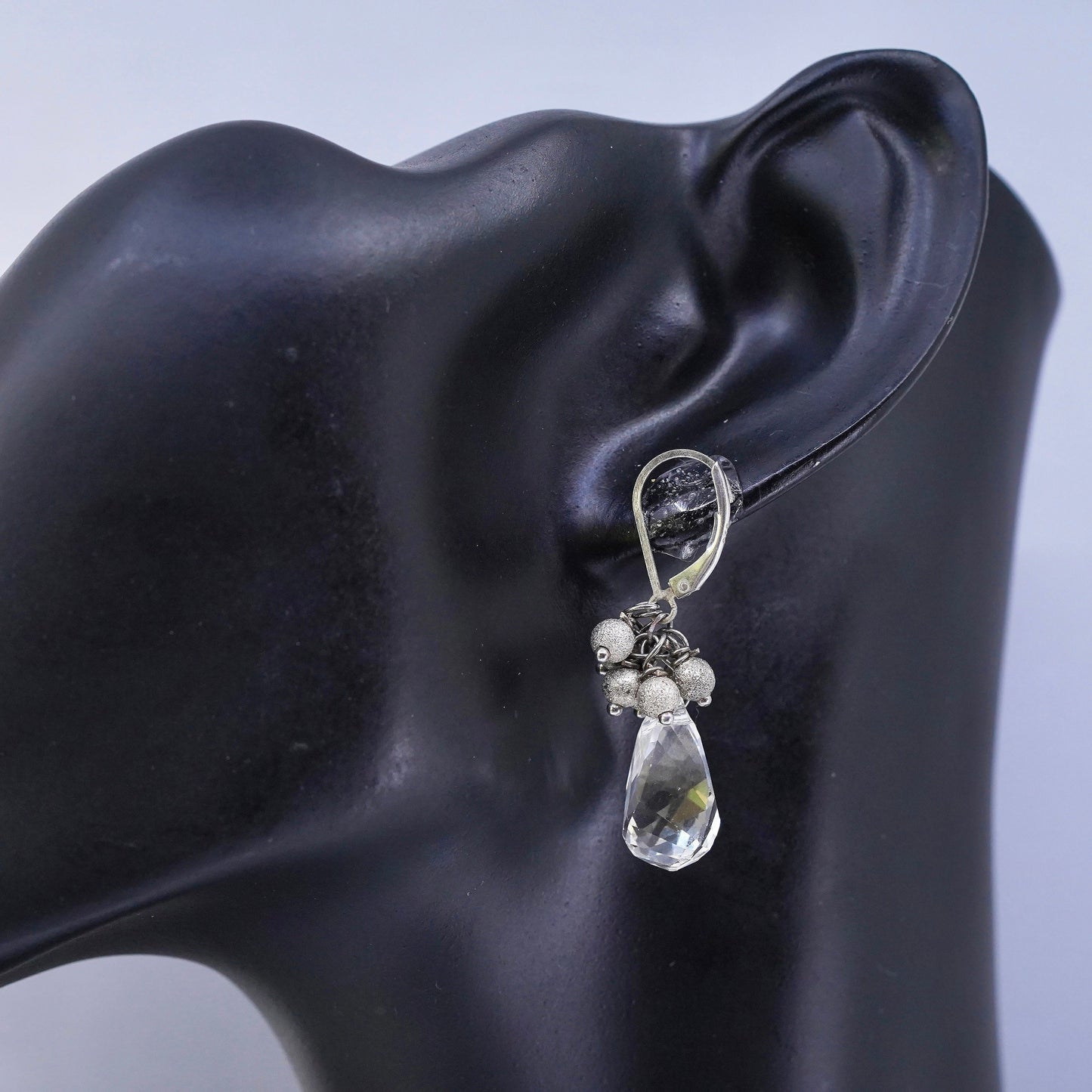 Vintage designer Sterling 925 silver handmade oval earrings w/ teardrop crystal