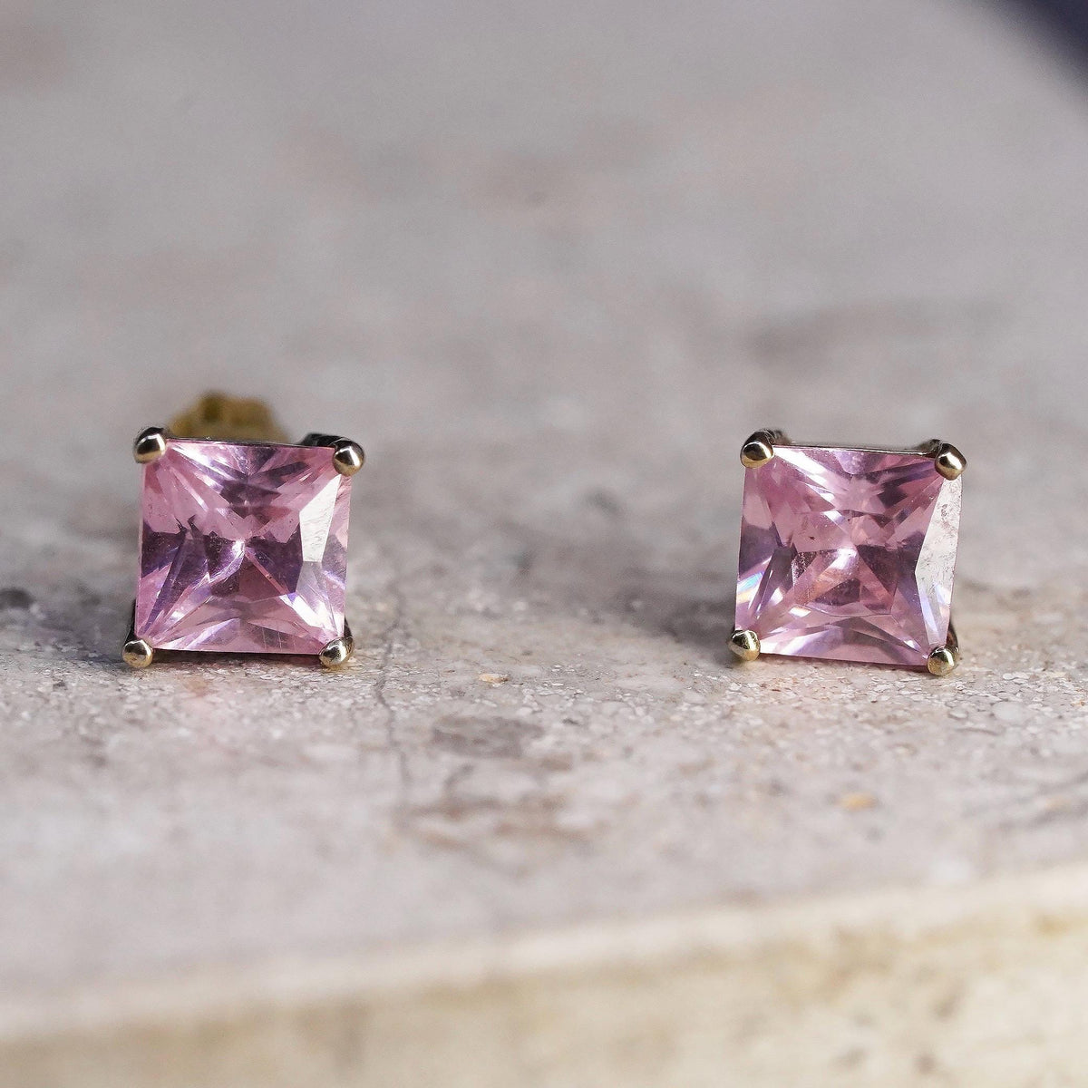 Vintage Sterling silver handmade earrings, 925 silver square studs pink crystal