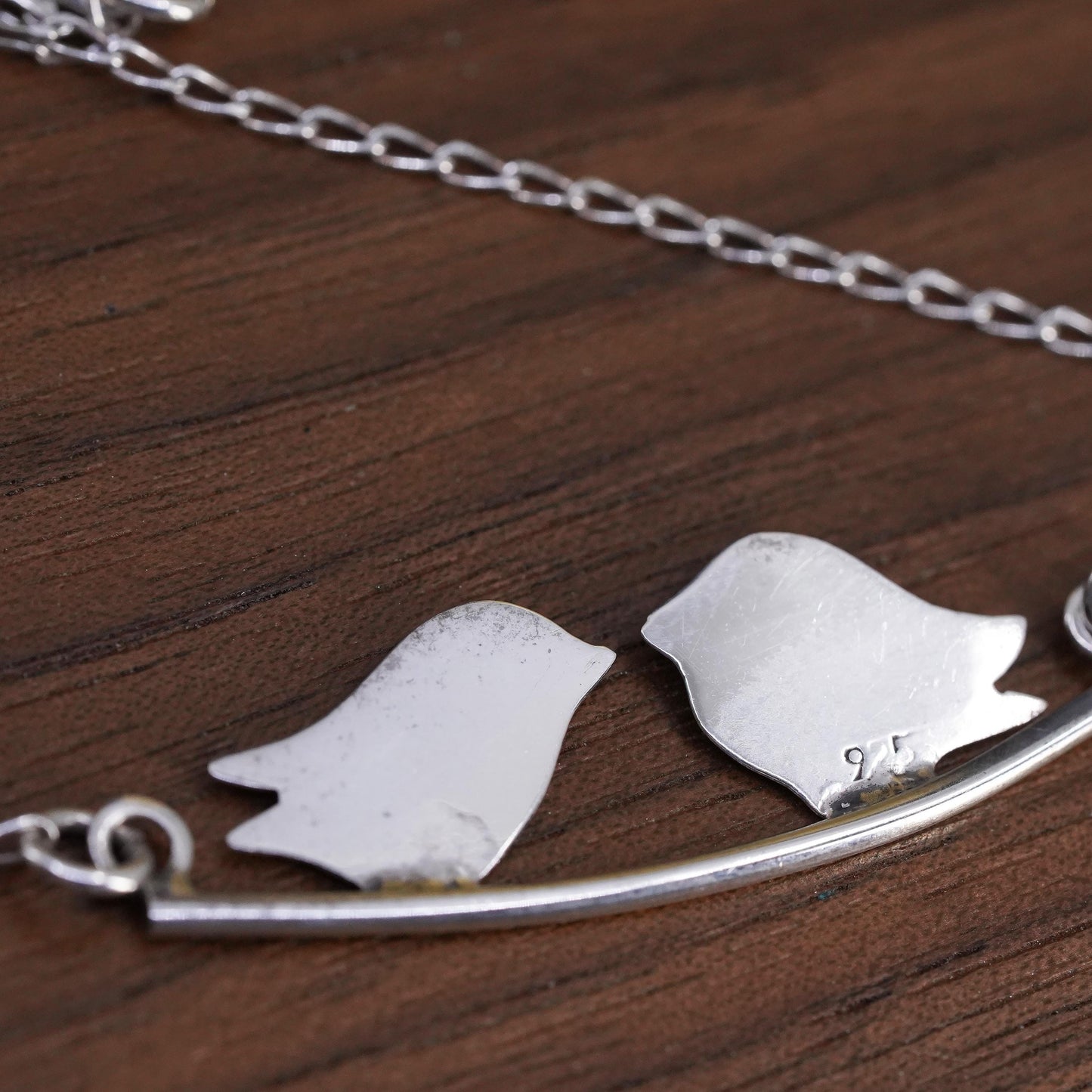 18+2” 1.6mm, vintage Sterling silver necklace, 925 curb chain love bird pendant