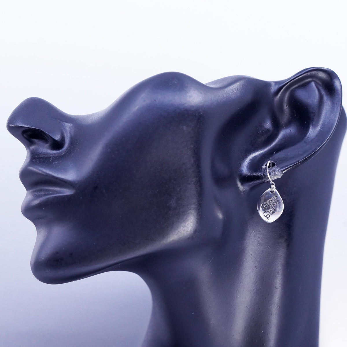 Vintage Sterling 925 silver handmade dragonfly embossed tag earrings