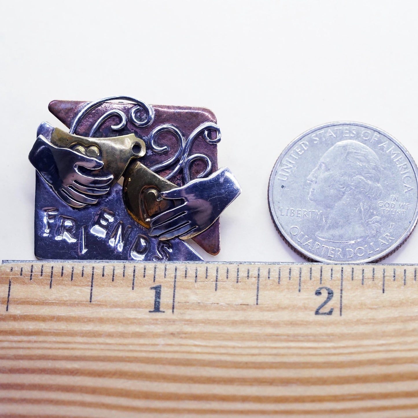 Vintage triple tone Sterling silver brooch, 925 friends bird hands pin brass