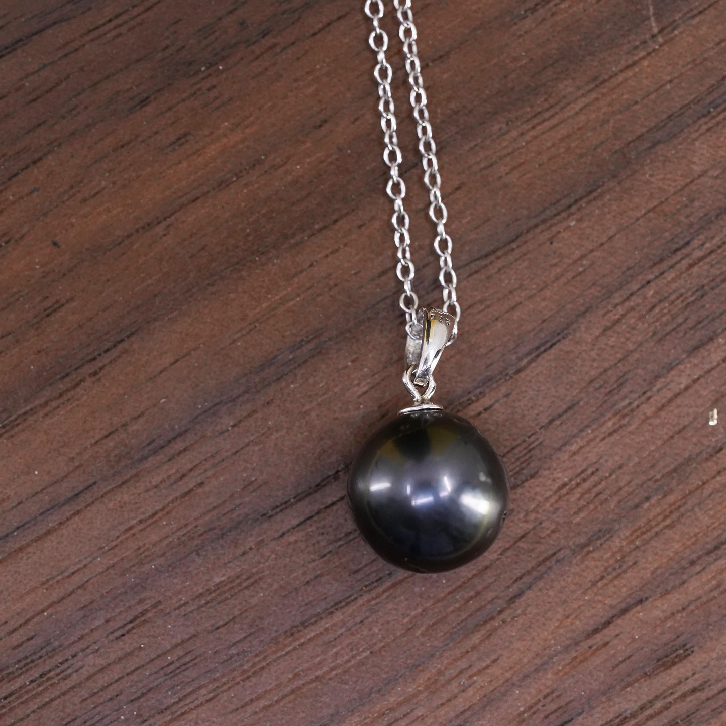 18", VTG sterling silver handmade necklace, 925 circle chain 10mm black pearl