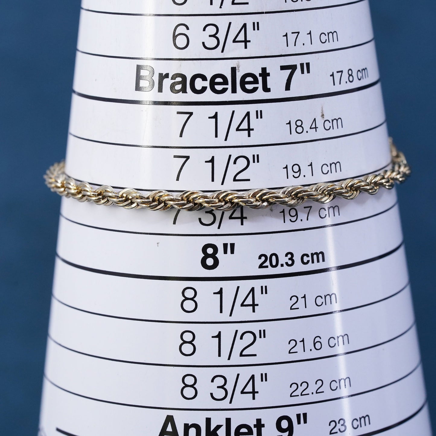 7.75" Danecraft gold over Sterling silver handmade bracelet, 925 rope chain