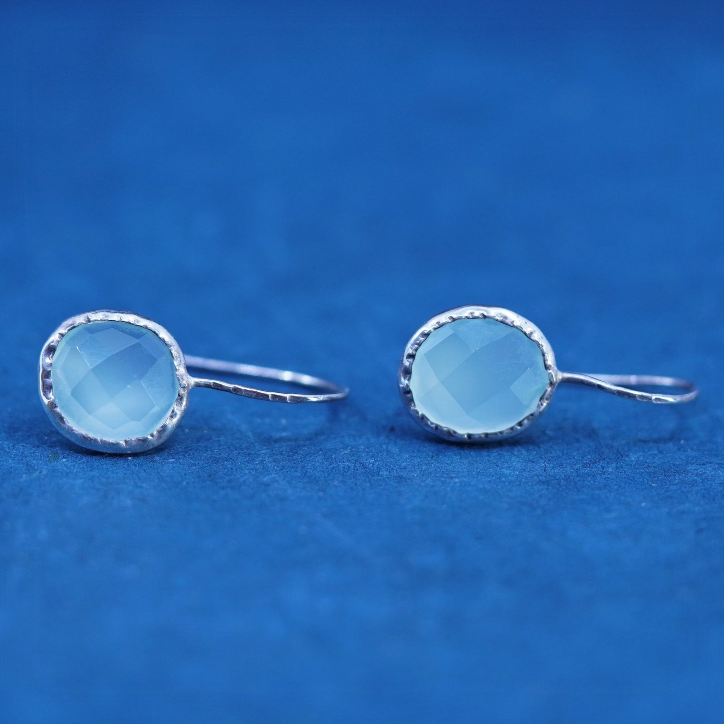 Vintage Sterling 925 silver handmade earrings with oval blue Chalcedony Dangles