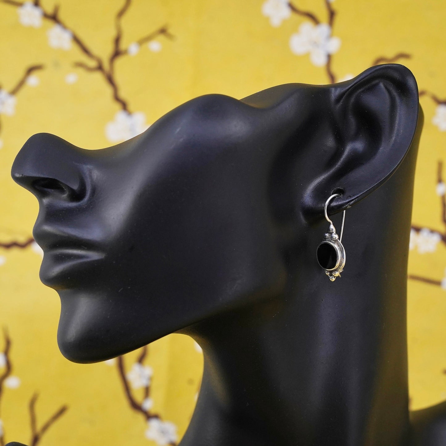 Vintage Sterling 925 silver handmade earrings with oval onyx and beads