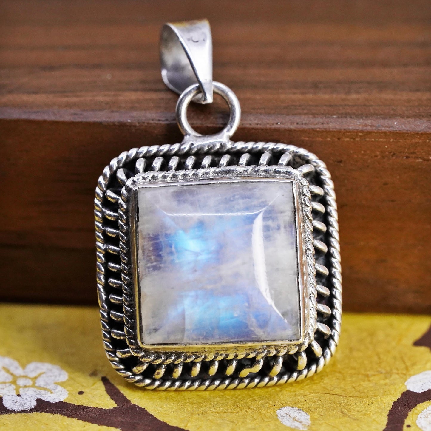 Vintage Sterling Silver Handmade Pendant, solid 925 silver square w/ moonstone