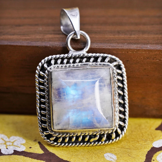 Vintage Sterling Silver Handmade Pendant, solid 925 silver square w/ moonstone