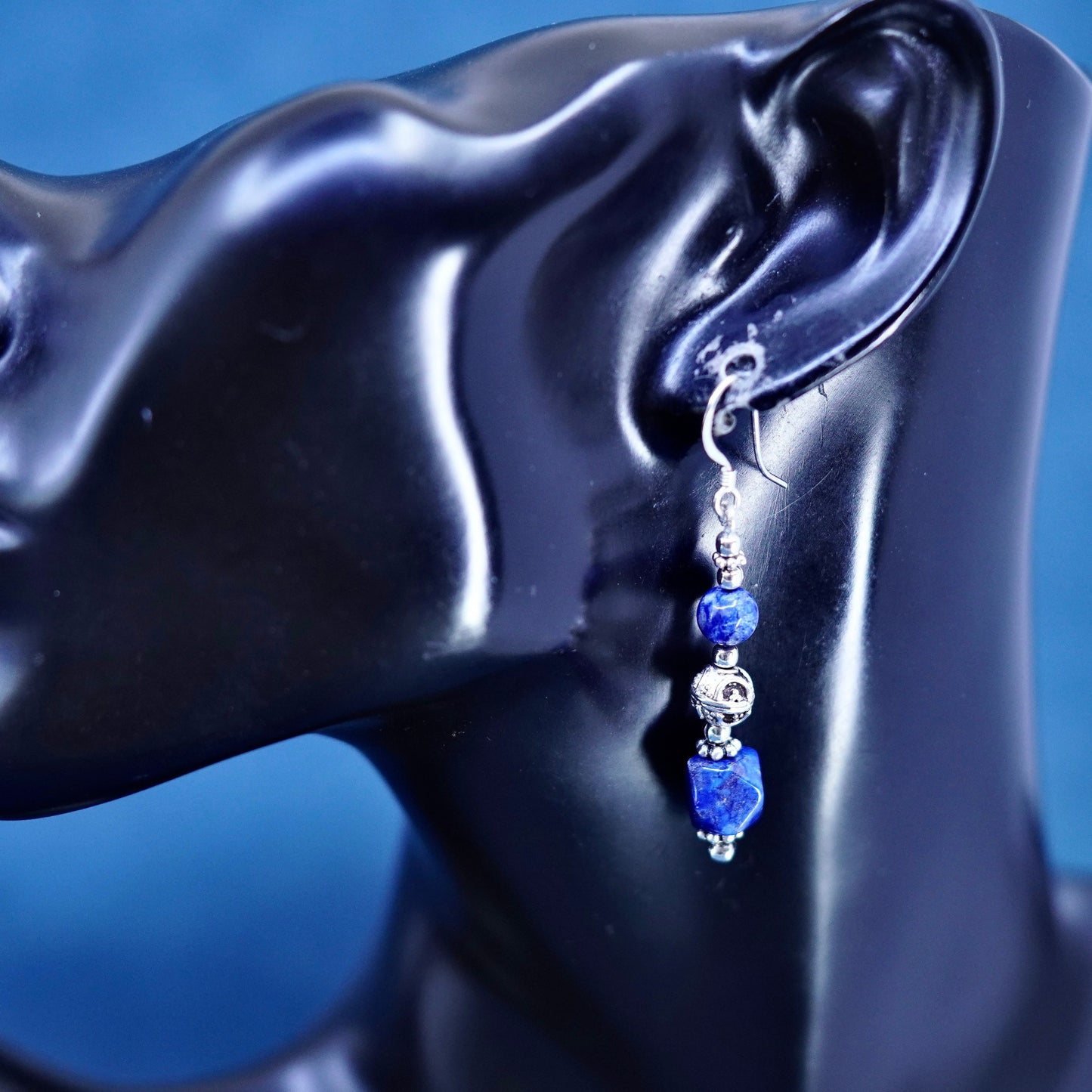 Vintage sterling 925 Silver handmade earrings with sodalite nugget
