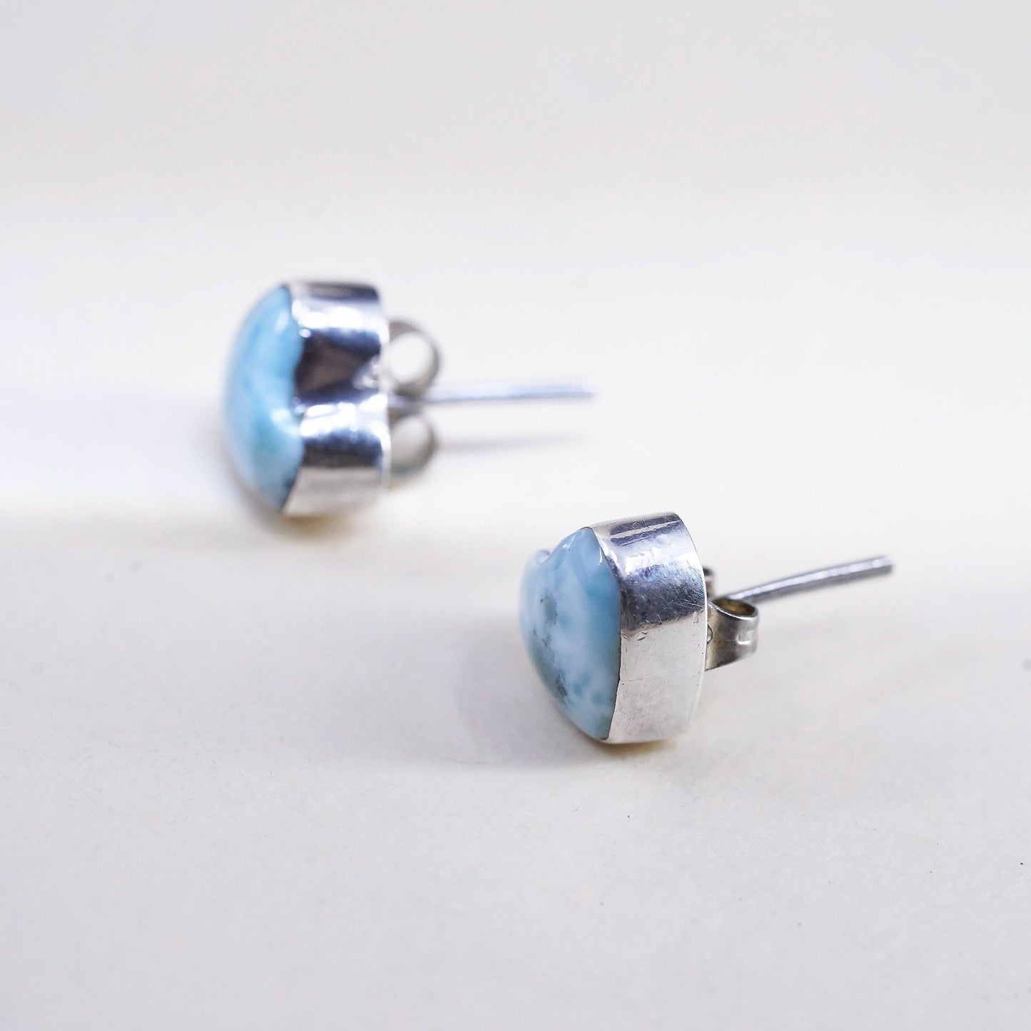 Native American handmade earrings. Sterling 925 silver heart studs with larimar