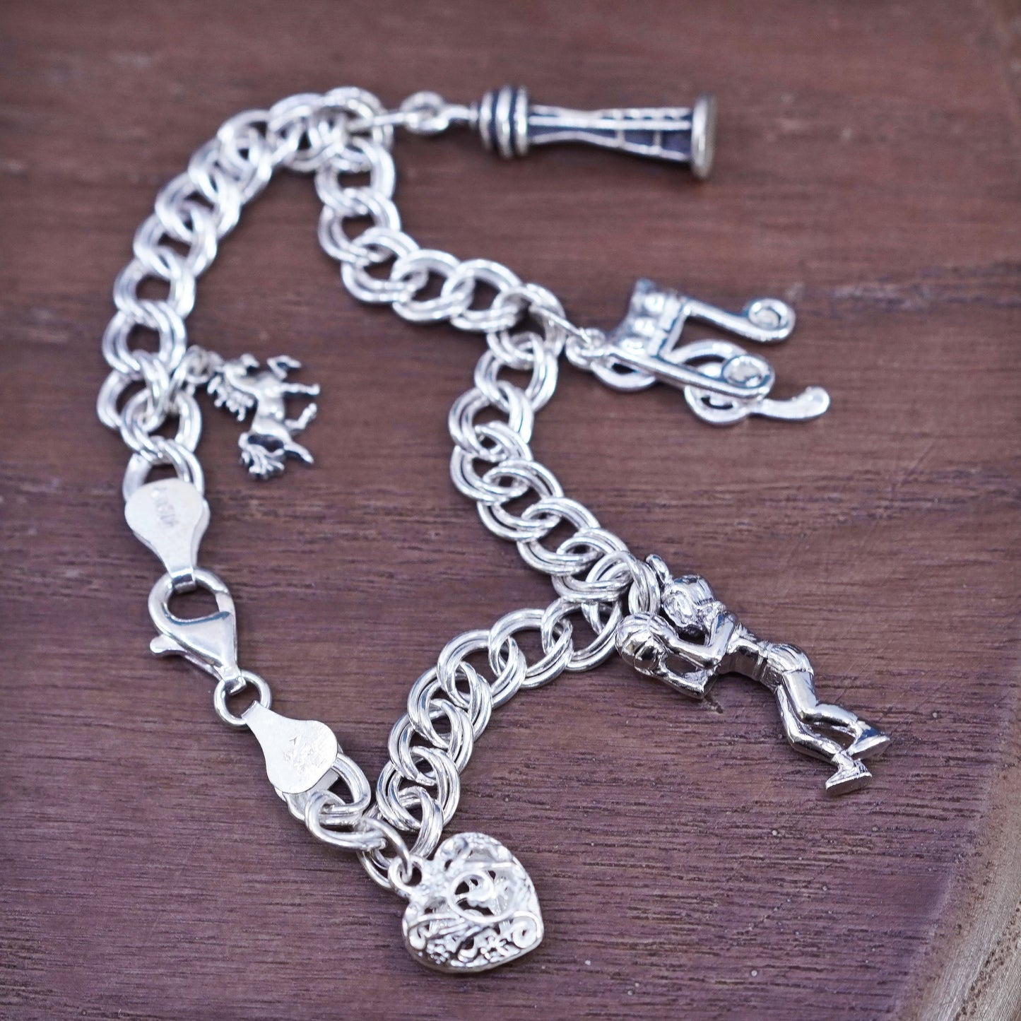 6.5”, Sterling silver 925 handmade bracelet, heart, Basketball player charms,