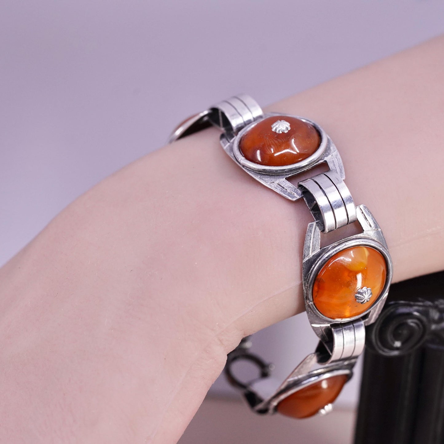 7.75", vintage German OKO sterling 835 silver handmade bracelet with carnelian