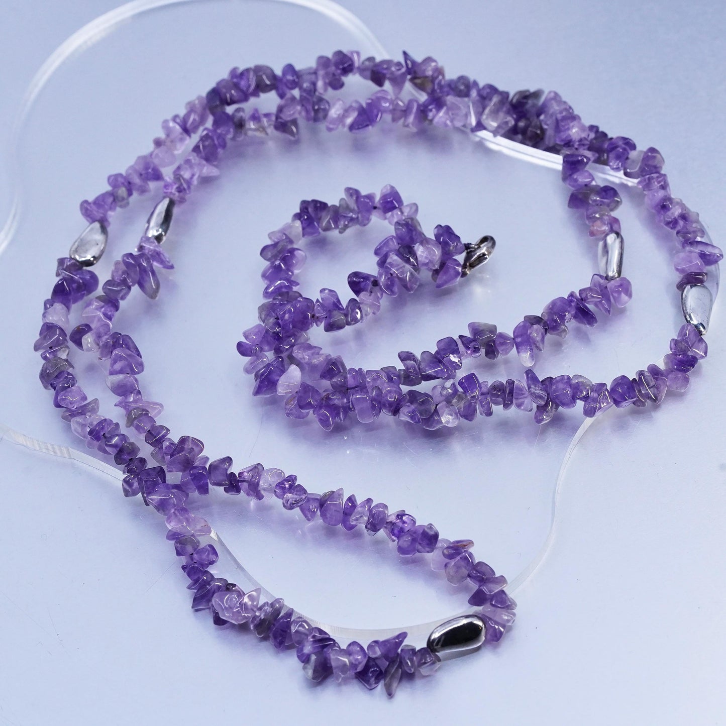 40”, Vintage sterling 925 silver handmade extra long necklace w/ amethyst beads