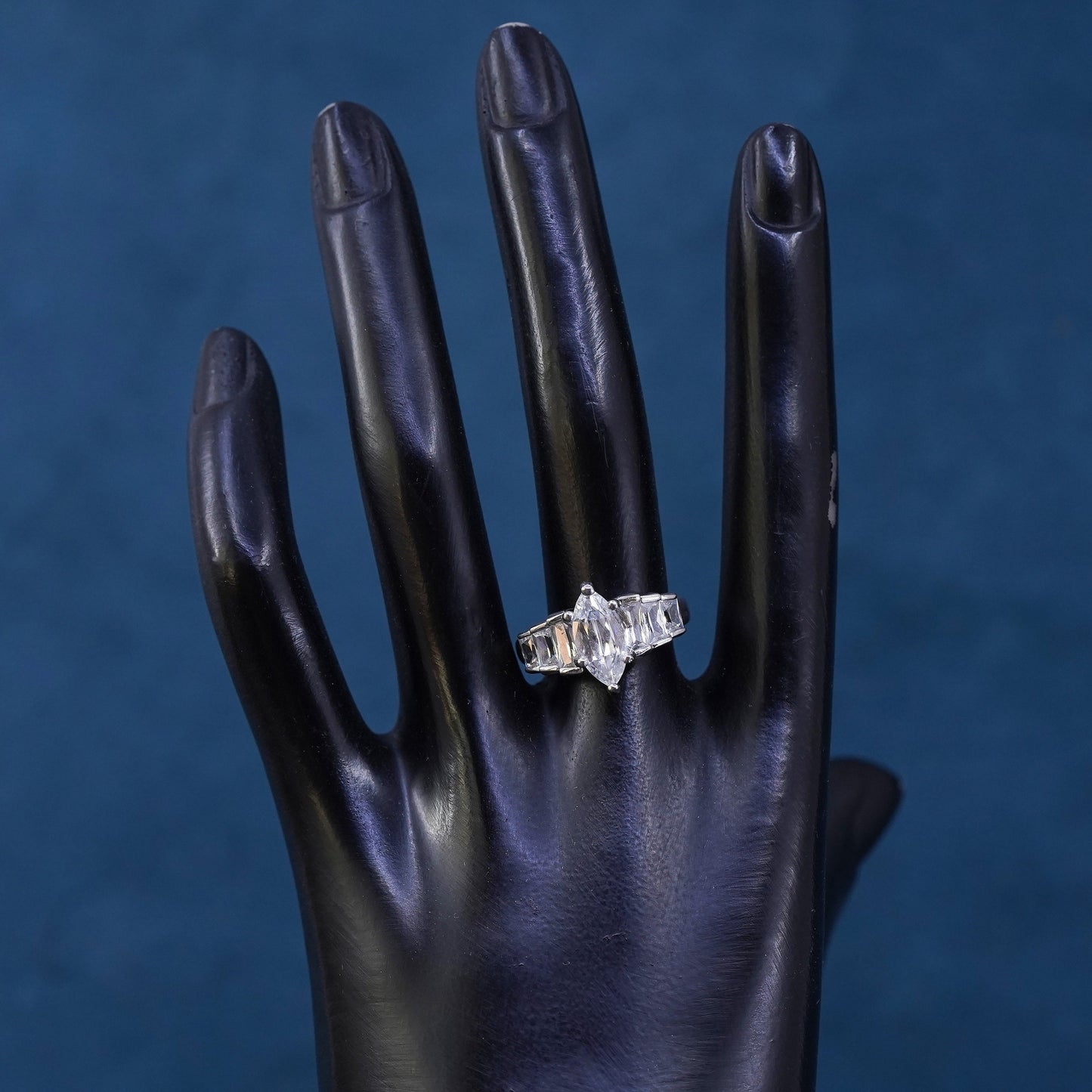 Size 8, vintage Sterling 925 silver engagement ring with cluster Cz around