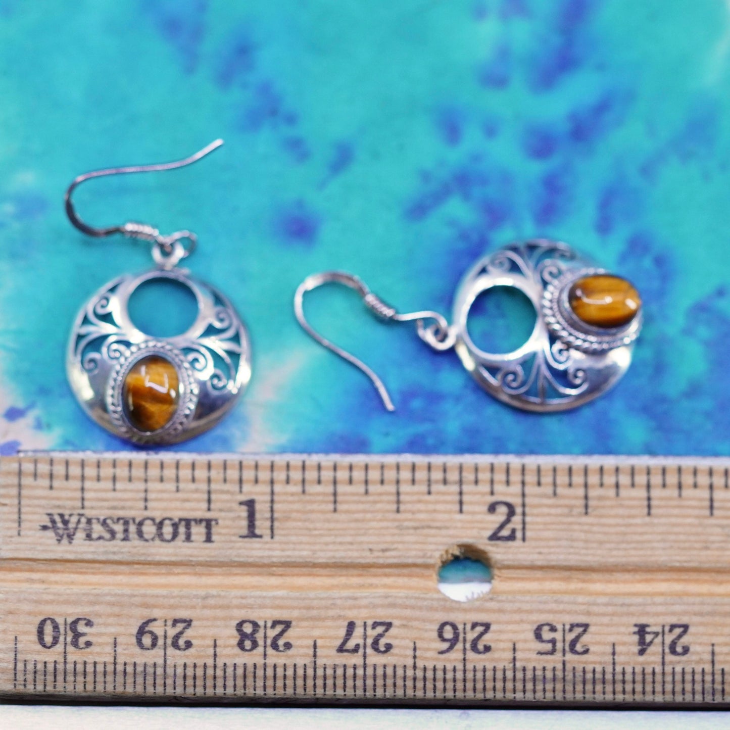 Sterling silver handmade earrings, 925 filigree circle golden tiger eye beads